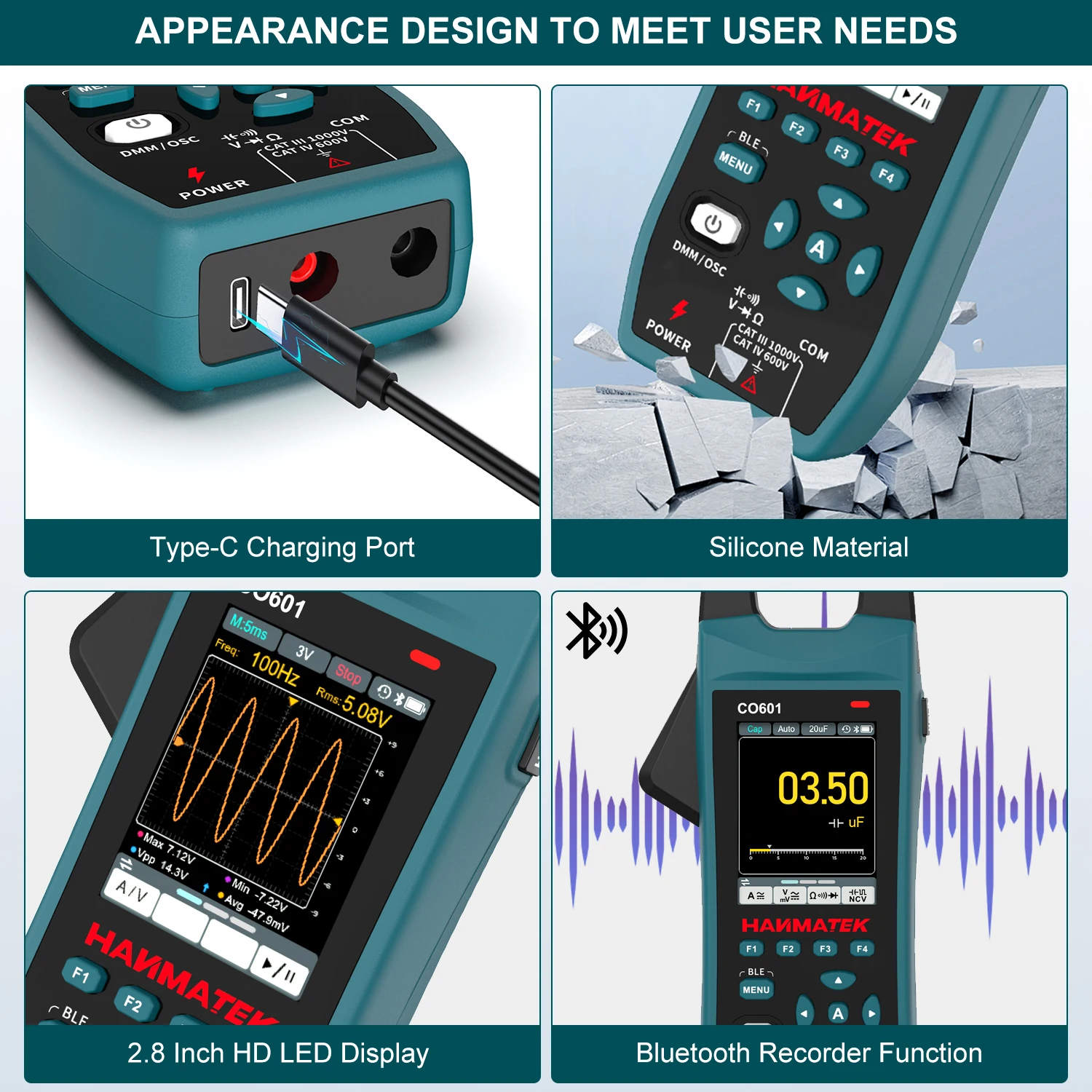 Hanmatek المشبك متر مع راسم الذبذبات 2.8 بوصة TFT التيار المتناوب/تيار مستمر الجهد والتيار الموجي قياس وظيفة مسجل بلوتوث