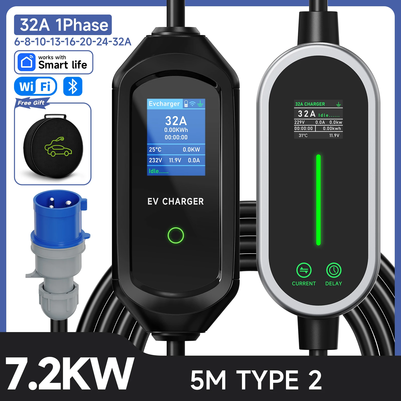 JNTAFEV 7,2KW Tragbares Ladegerät 32A Typ2 Ladegerät für Elektroautos WiFi Bluetooth App-Steuerung Wallbox Schnellladegerät