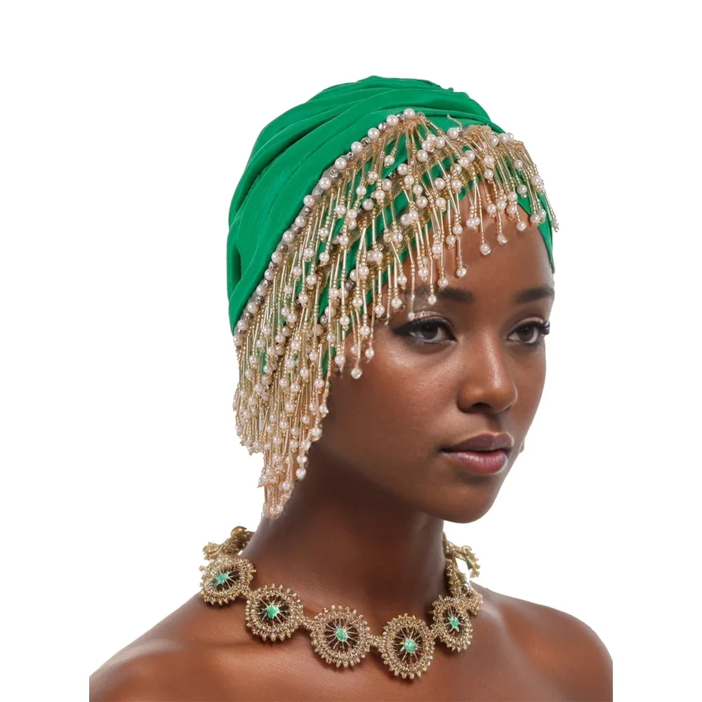 Pleated Beading Headscarf Hat Turbante Mujer 2024 New Tassels Turban Cap for Women African Raw Silk Head Wraps Bonnet