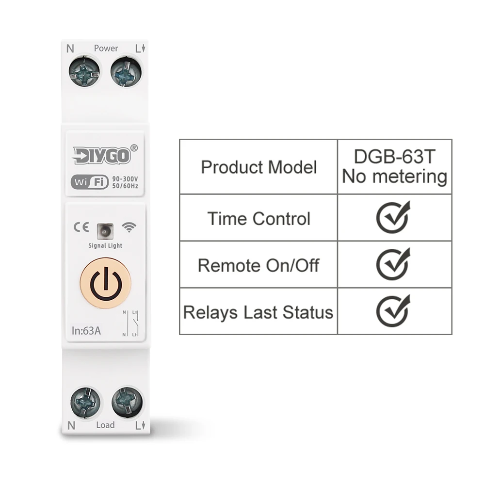 WiFi Smart Circuit Breaker Switch Tuya Voltage Current Protection Loop Timing Remote Control Metering Monitoring Home 1P+N 63A