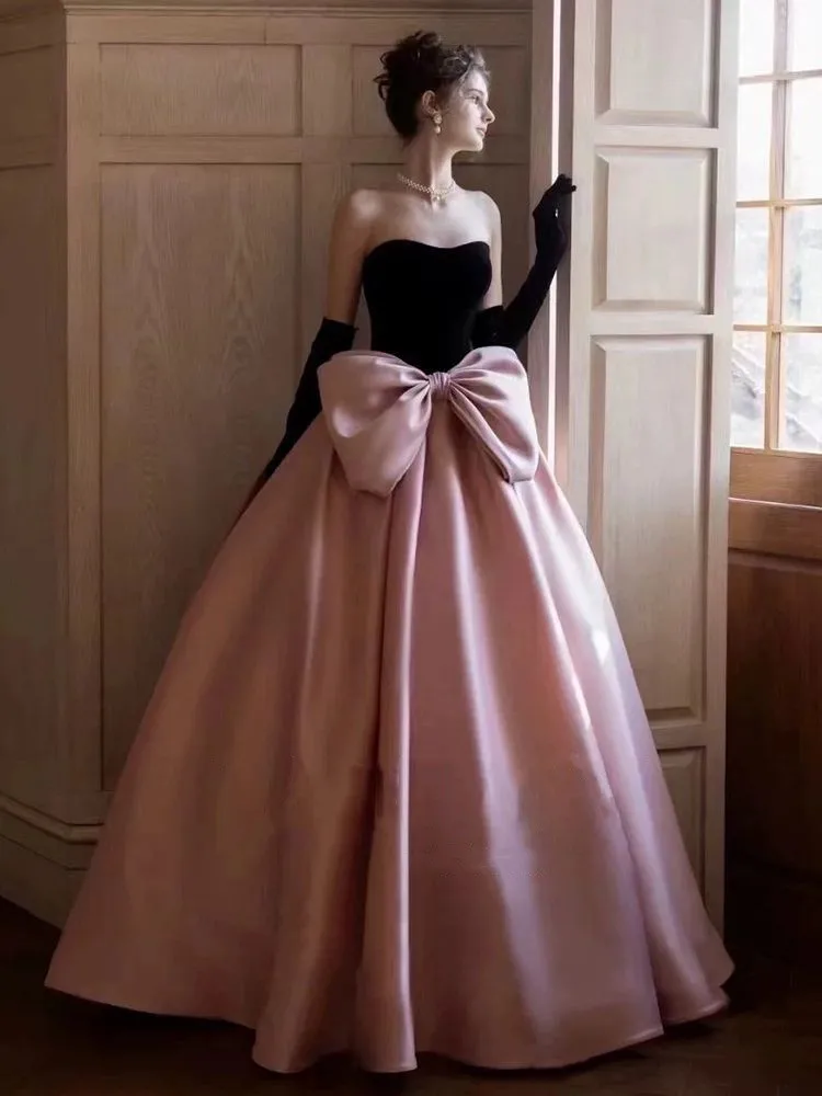 

Elegant Evening Dresses Strapless Sweetheart with Bow Velour Satin Long Formal Party Women Prom Gowns Custom Made