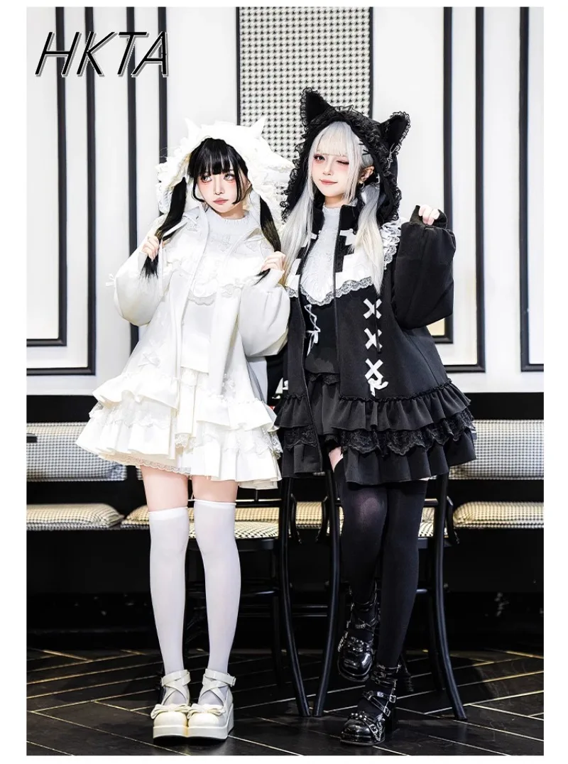 Origineel ontwerp Y2k Sweet Cool Sweatshirt Jas Lente Nieuwe Gothic Lange Mouw Zwart Witte Hoed Hoodies Lolita Meisjes Hoodie Jas