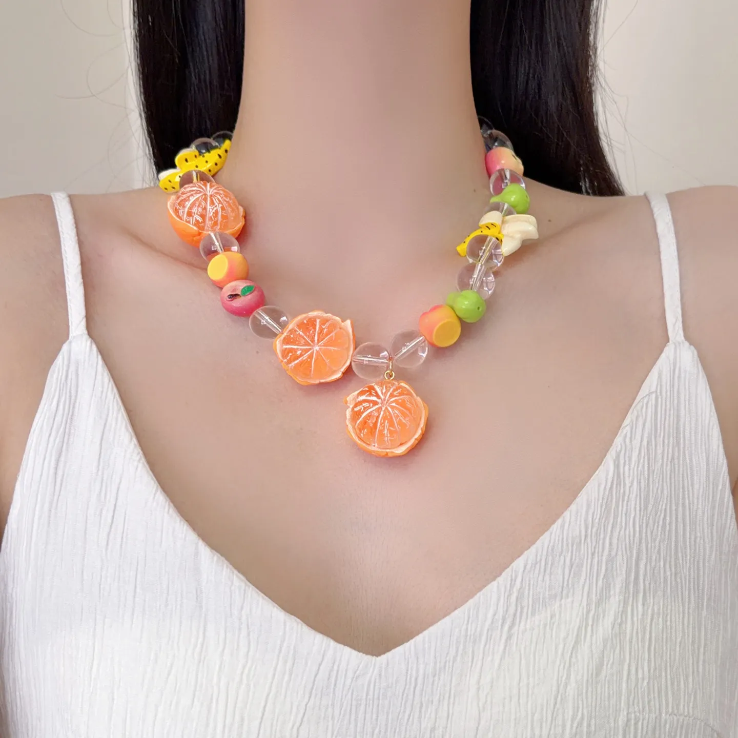 New Dopamine Fruit Beaded Choker Necklace for Women Cute Orange Banana Resin Charms Statement Collar Necklace Party Jewelry
