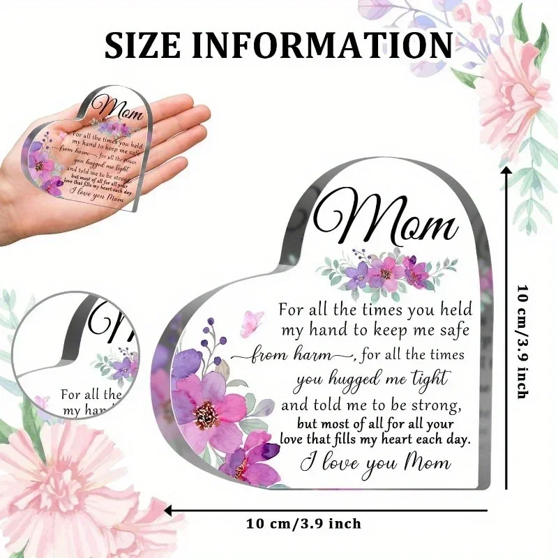 Heart Acrylic Plaque Mom Gift Purple Pink Floral Mother's Day Desk Decor,I Love You Mom Heart Shaped Acrylic Sign Sentimental Quote Keepsake