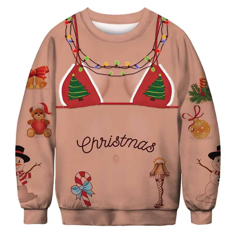 Christmas Sweater Novelty Funny Light Up Topless Ugly Christmas Sweater Men and Women 3D Printing Pullover Jumpers Warm Sweater