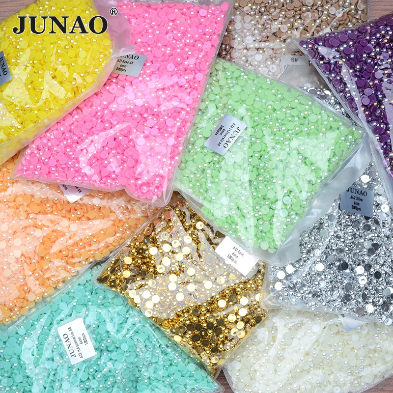 JUNAO 2 4 6 8 10 12 14mm Colour ABS Plastic Flatback Pearl Imitation Half Round Beads In Bulk Applique For DIY Needlework