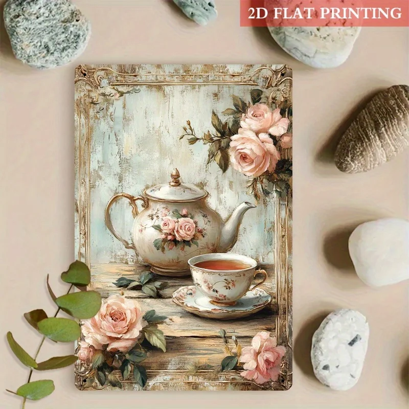 Letrero Metálico Plano 2D - 1 Pieza, Diseño Vintage de Rosas Románticas para Fiesta de Té | Arte de pared de hierro de 8.0x12.0 pulgadas con diseño floral de tetera y taza
