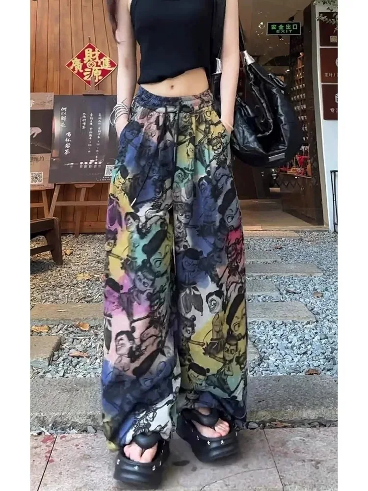 Streetwear Y2K Colorful Cartoon Print Wide Leg Jeans High Waist Loose Fit Denim Pants Women Summer Hip Hop Harajuku Trousers