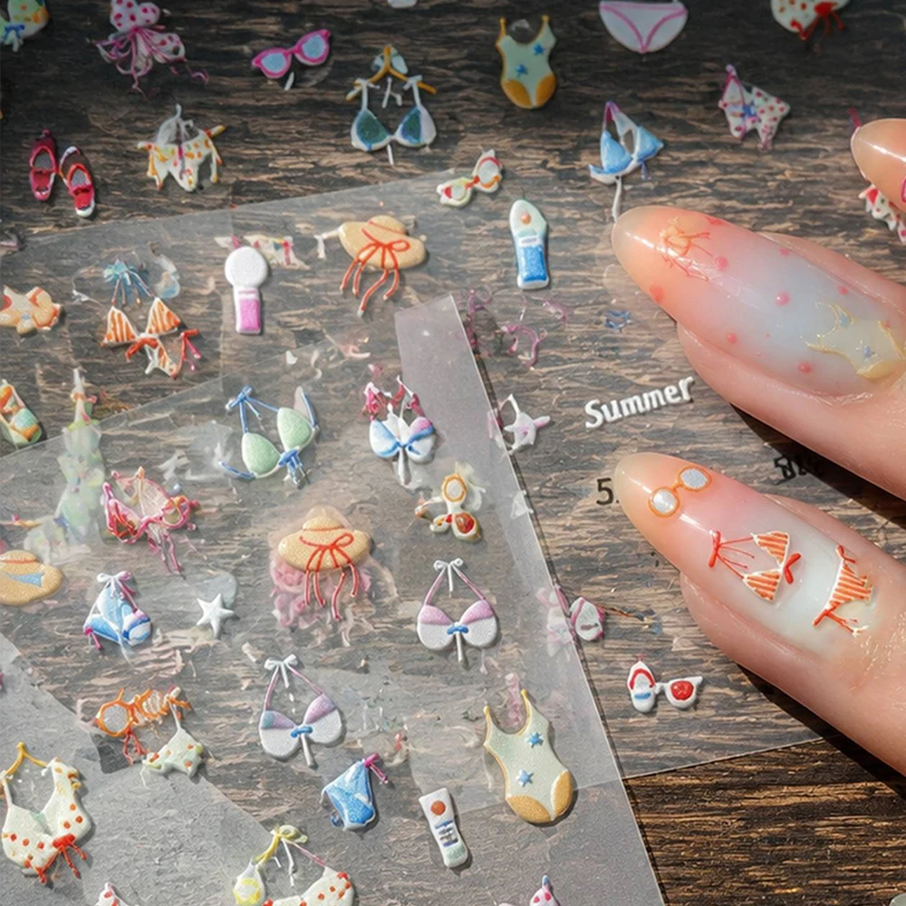 1Pc Cute Summer Bikini Nail Stickers 5D Embossed Beach Theme Nail Decals Self Adhesive Nail Art Decor For Women Beach Nails