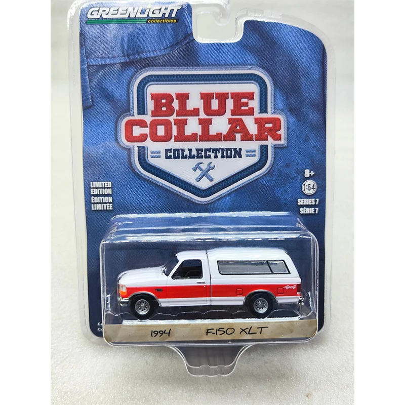 Greenlight 1:64 Blue Collar 1994 F-150 XLT Camper Shell Series Diecast Model Alloy Car Child Christmas Gift Ornaments