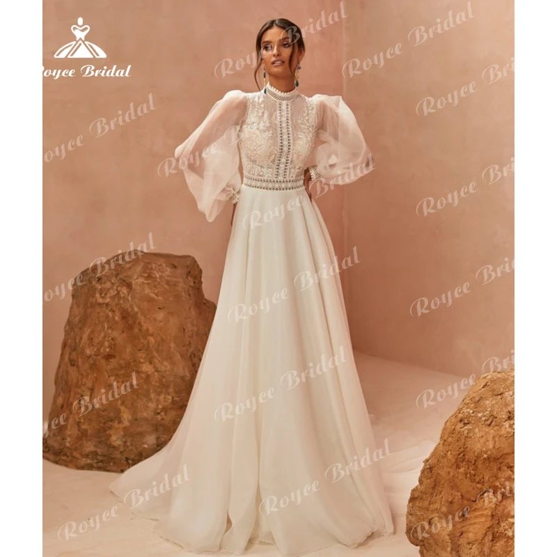 Boho a-line vestidos de noiva para mulheres vestidos de noiva sexy alta pescoço puff manga voltar botão laço varrer robe de mariée vestidos