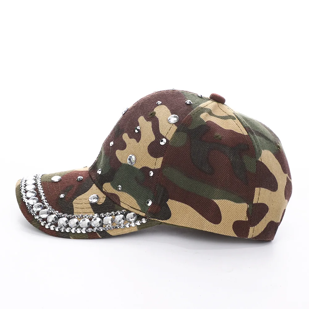 Camouflage Baseball Cap With Rhinestone Decor Military Green Snapback Peaked Hat Y2K Casual Dad Trucker Sunscreen Caps 4
