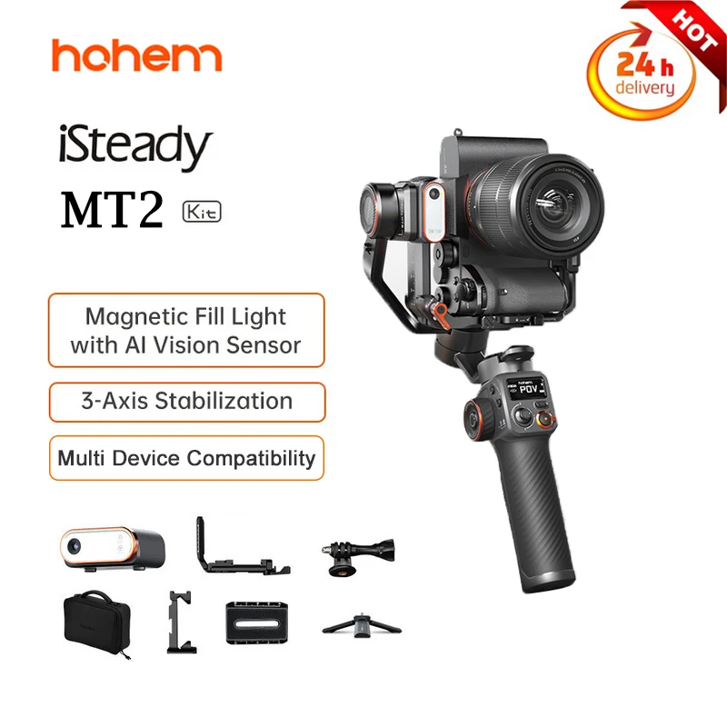 Hohem iSteady MT2 Handheld Gimbal Stabilizer Selfie Tripod with AI Magnetic Fill Light for Mirrorless/Sports Camera Smartphone