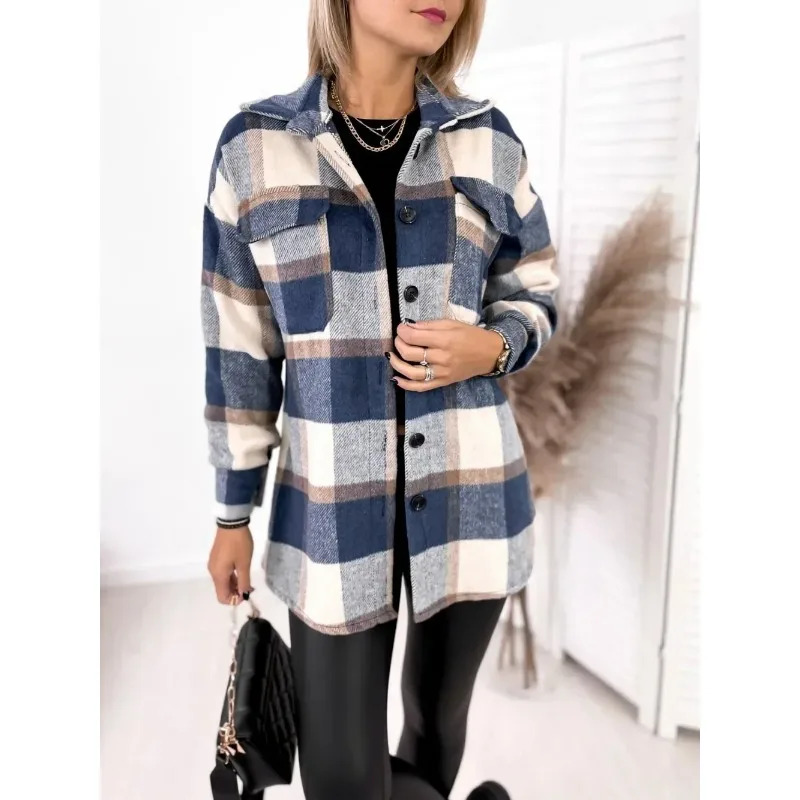

Fashion Women's Fashionable Long Sleeve Blouse Shirt Top Women's Casual Long Sleeved Single Breasted Checkered Printed Shirt