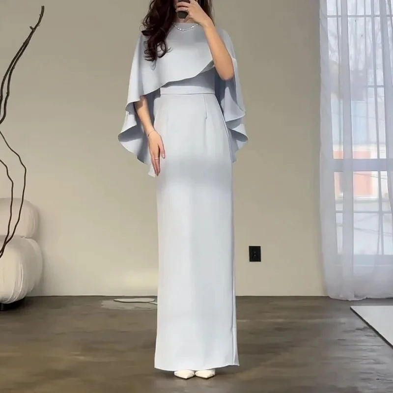 

Fashion Simple Party Women's Dress Elegant Lady Solid Color Shawl Sleeve Banquet Dress Temperament High Waist Slim Evening Dress