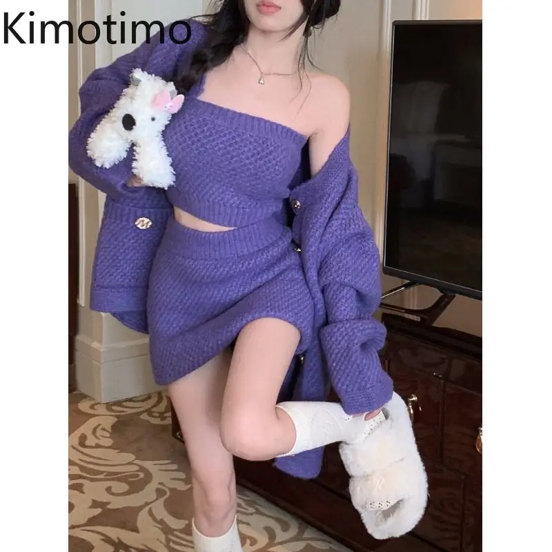 Kimotimo Knitted Skirt Sets Women Autumn Winter Loose Sweater Cardigan Tube Top Vest High Waist Wrapped Mini Skirts Fashion Suit