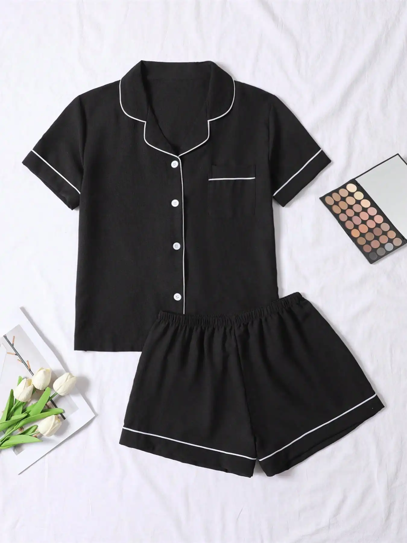 

2-Piece Black Crinkle Pajama Set for Women - Short Sleeve Button-Up Top & Shorts with White Trim
