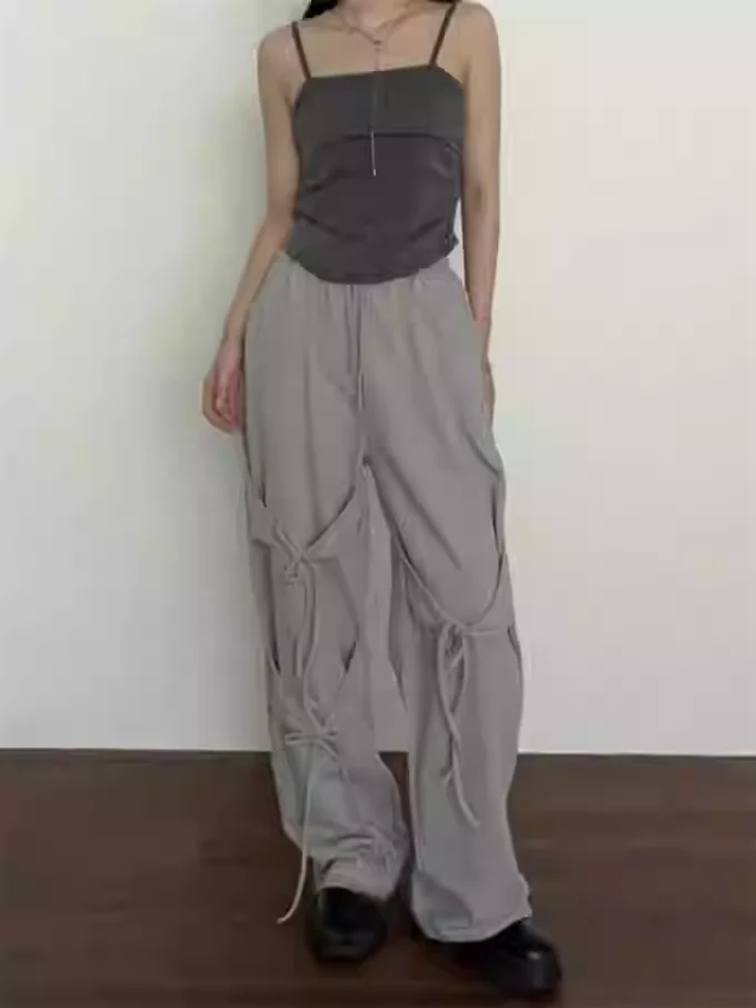 Fashion High Street Personalized Lace-up Loose Straight Leisure Pants Sweet Girls Solid Color Age-reducing Korean Dance Trousers