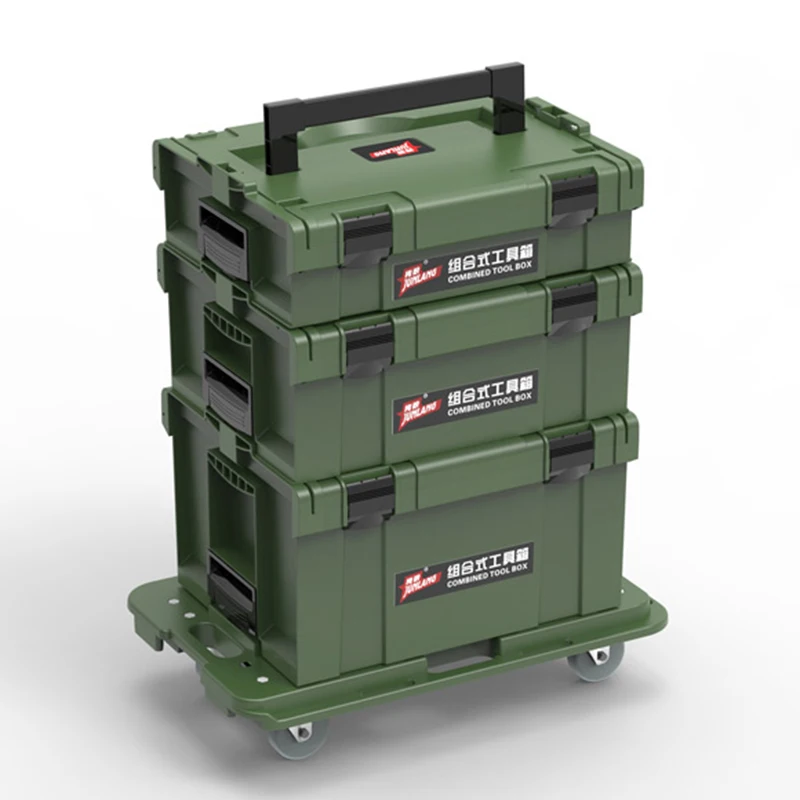 Set Kotak Perkakas Bertumpuk, Kotak Penyimpanan Perkakas Tebal, Portabel, untuk Perkakas Listrik dan Pertukangan, dengan Roda Dorong