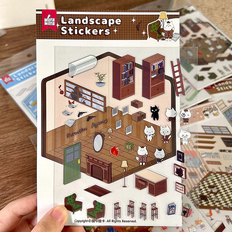 【3CS99】1 Juego de pegatinas estereoscópicas 3D para casa, bricolaje, escena de cabina, apilamiento, pegatinas de animales de dibujos animados para niños, regalo de cuenta de mano
