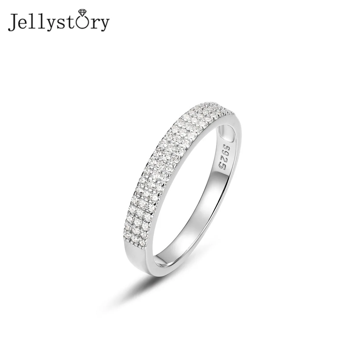 JellyStory Trilogy Half Ring Story Love Gift for Her S925 Silver 3 Row Inlaid Moissanite Simple Band Niche Light Luxury Jewelry