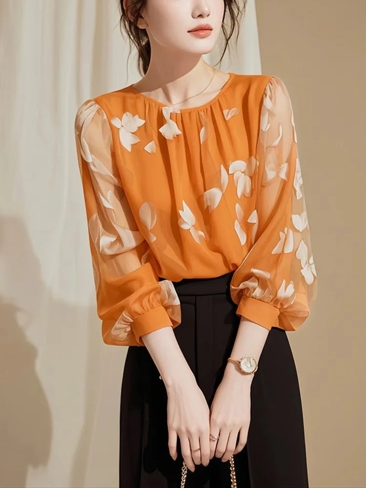 Women Spring Summer Office Lady O-neck 3/4 Sleeve Chiffon Shirts Ladies Fashion Floral Printing All-match Temperament Tops