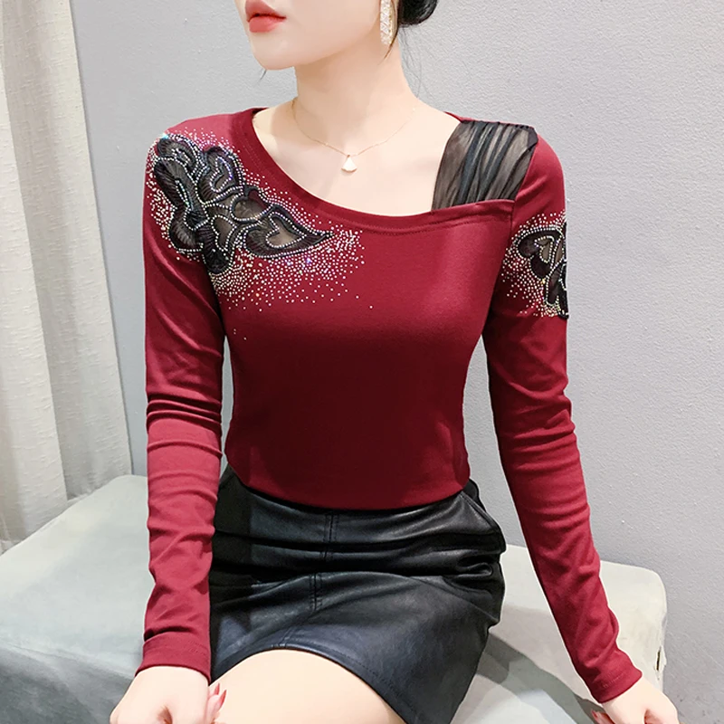 

Korean Fashion Women Shirt Patchwork Lace Tops 2025 Spring Sexy Long Sleeve Skew Diamond T Shirt