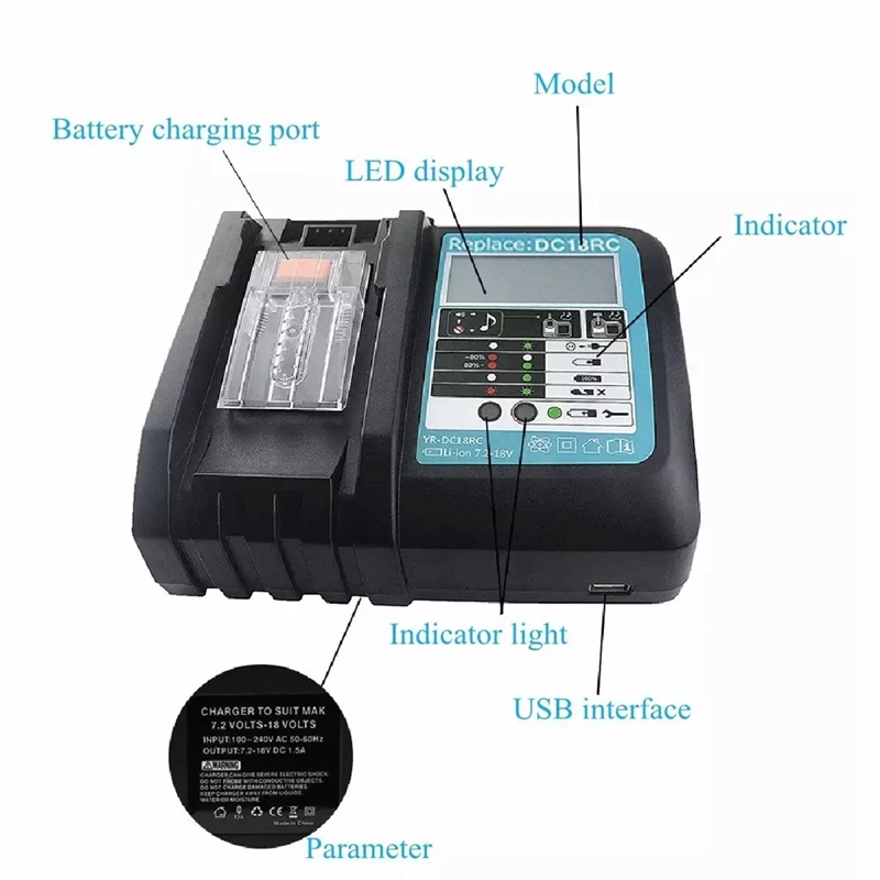 Li-Ion Battery Charger With Display 3A Charging Current For  14.4V 18V Bl1830 Bl1430 Dc18rc Dc18ra Charge -US Plug