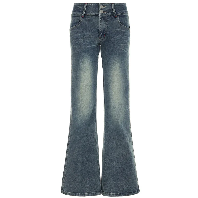 Personality street vintage low-rise jeans breasted slim trousers straight loose women's wide-leg pants