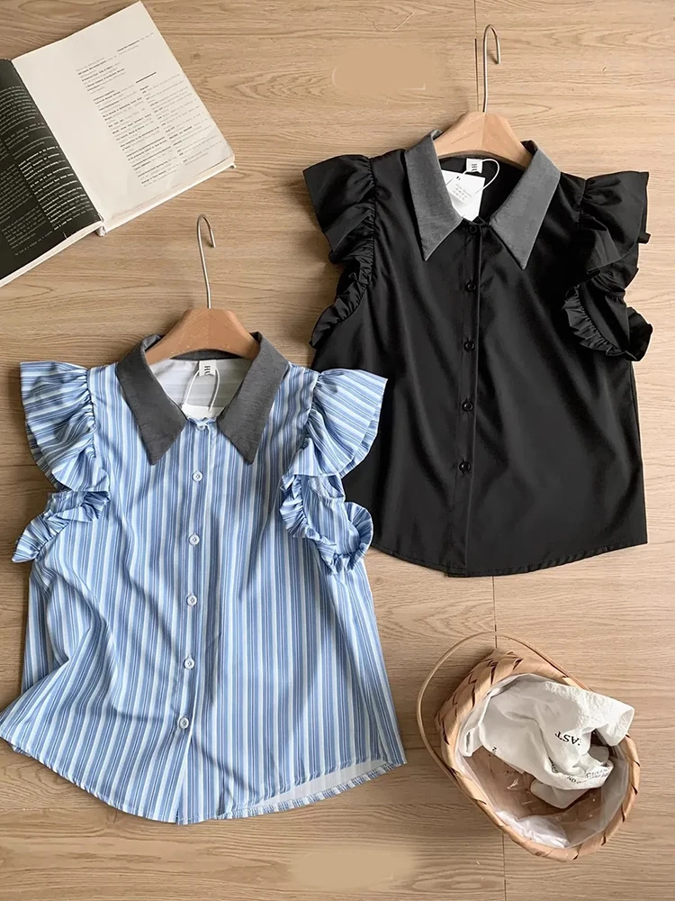 

Zoki sweet bow striped shirt women vintage casual preppy style cute blouse elegant flying sleeve slim retro female summer tops