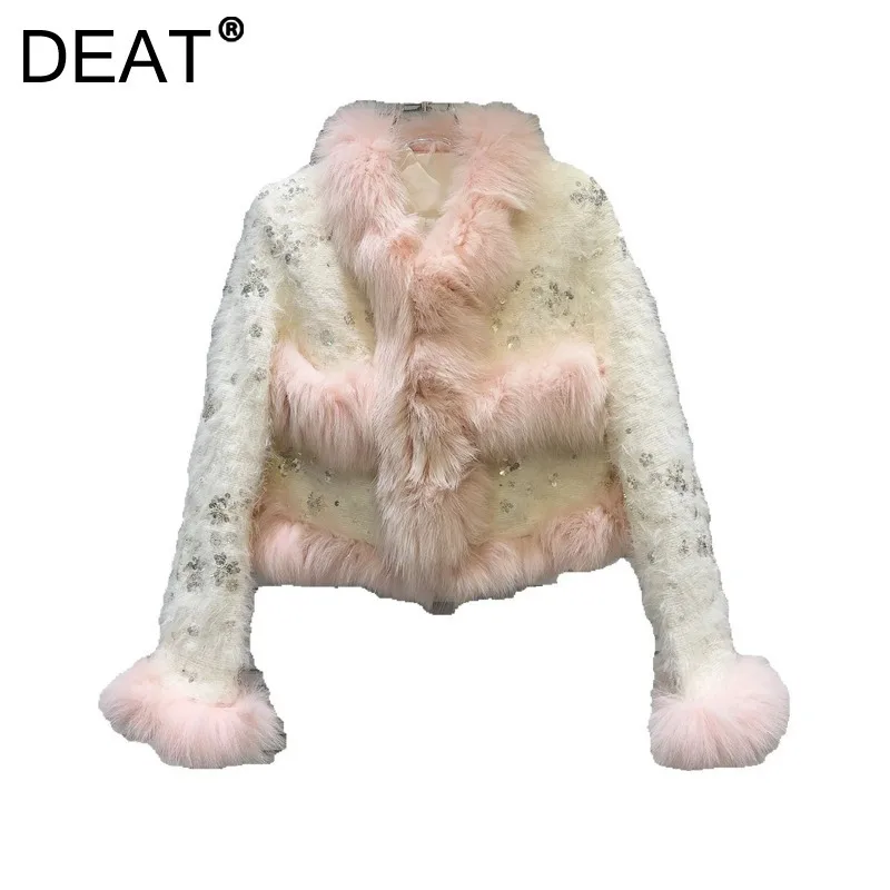 

DEAT Women's Coat Spliced Pink Fur Sequins Female French Elegant Cotton-padded Thick Jackets 2024 New Winter Fashion 11A01620