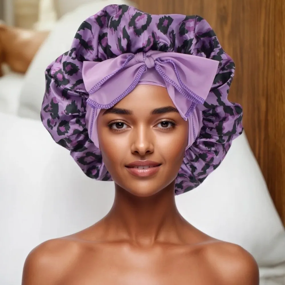 Fashion Silk Imitation Leopard Print Sleep Cap Breathable Comfortable Bowknot Decoration Ribbon Sleep Bonnets Nightcap Beauty