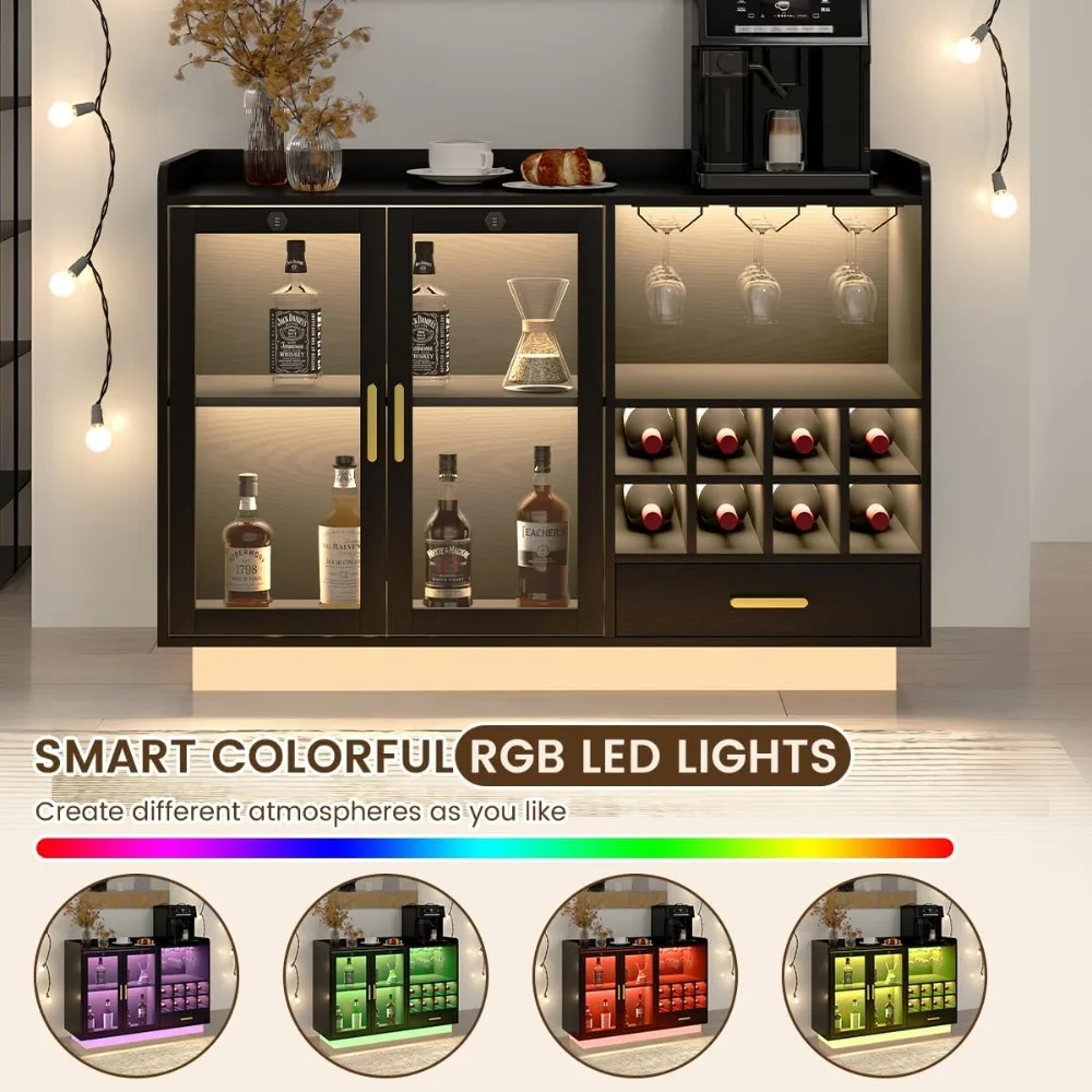 Design Modern Wine Bar Cabinet with LED Light & Locked Glass Door, Floating Coffee Bar with Power Outlets & Glass Rack