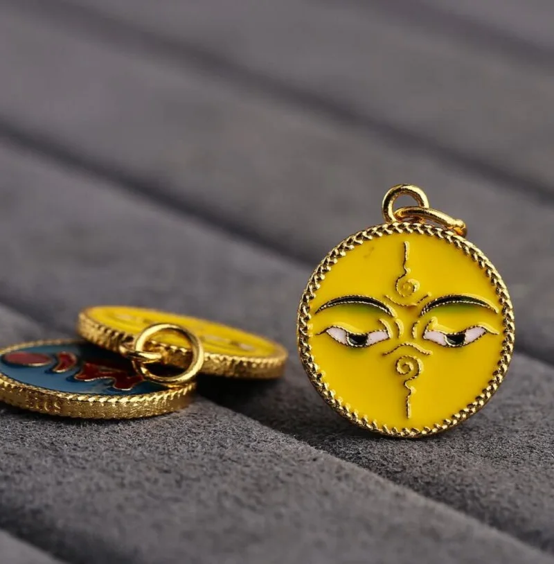 Tibetan Buddha Wisdom Eyes Small Pendant 100% 925 Silver Gold Plated Manjusri Word Good Luck Amulet