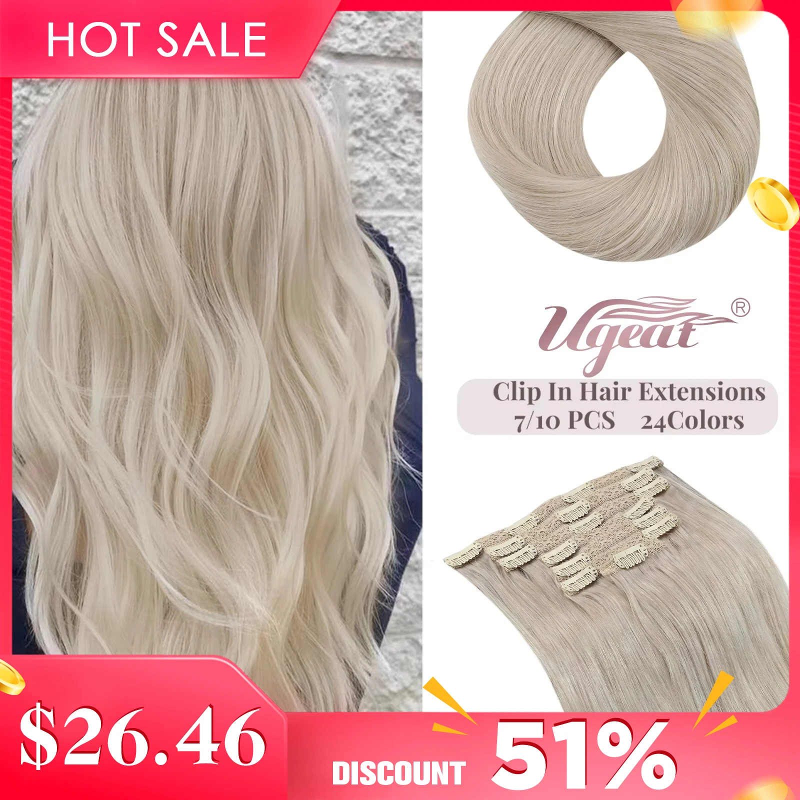 [16 Colors] Ugeat Clip in Hair Extensions Human Hair 14-22