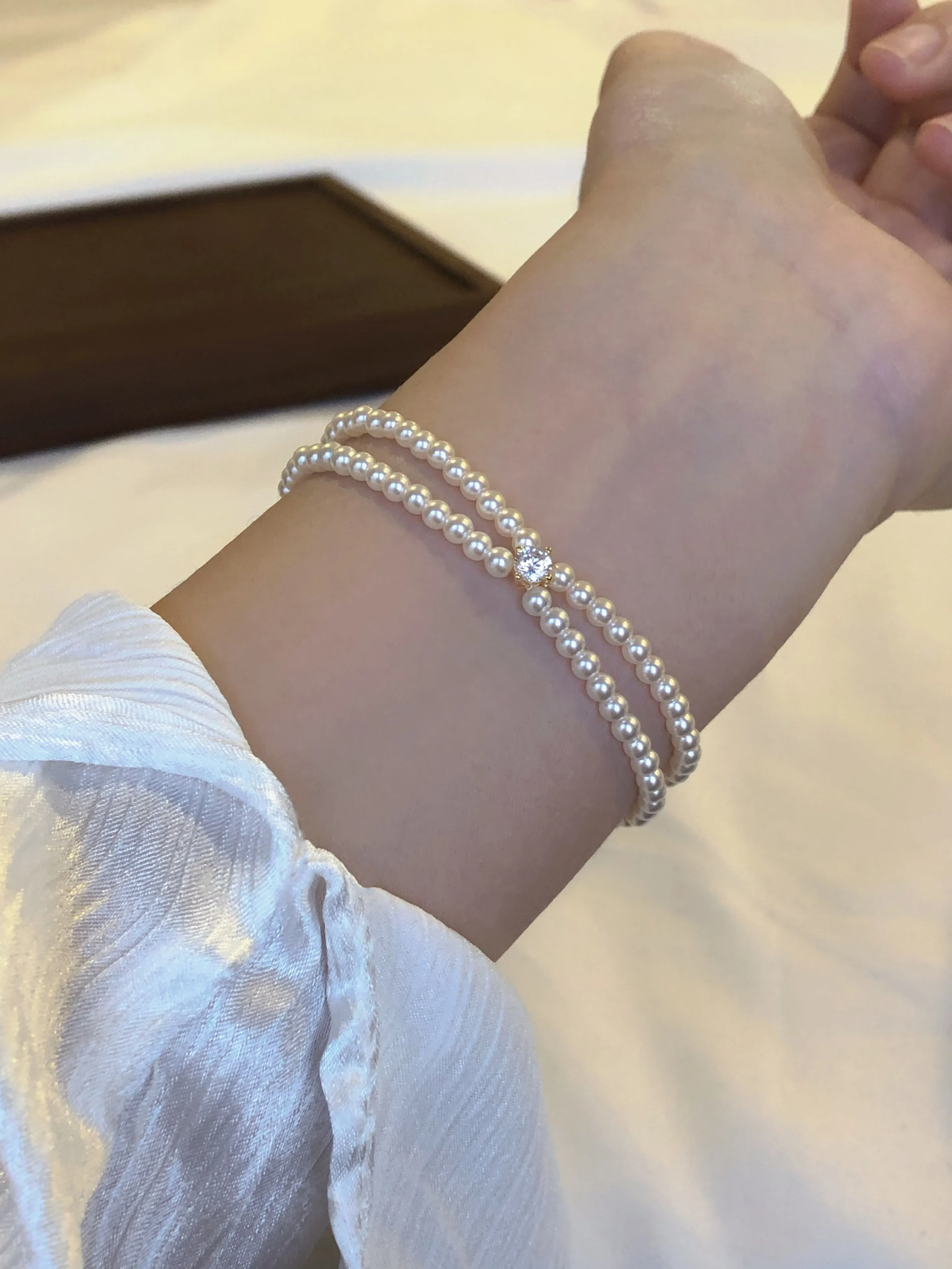 

Delicate Double Layer Bracelet for Women with Tiny Freshwater Pearls and Sparkling Cz Stones Elegant Classic Design