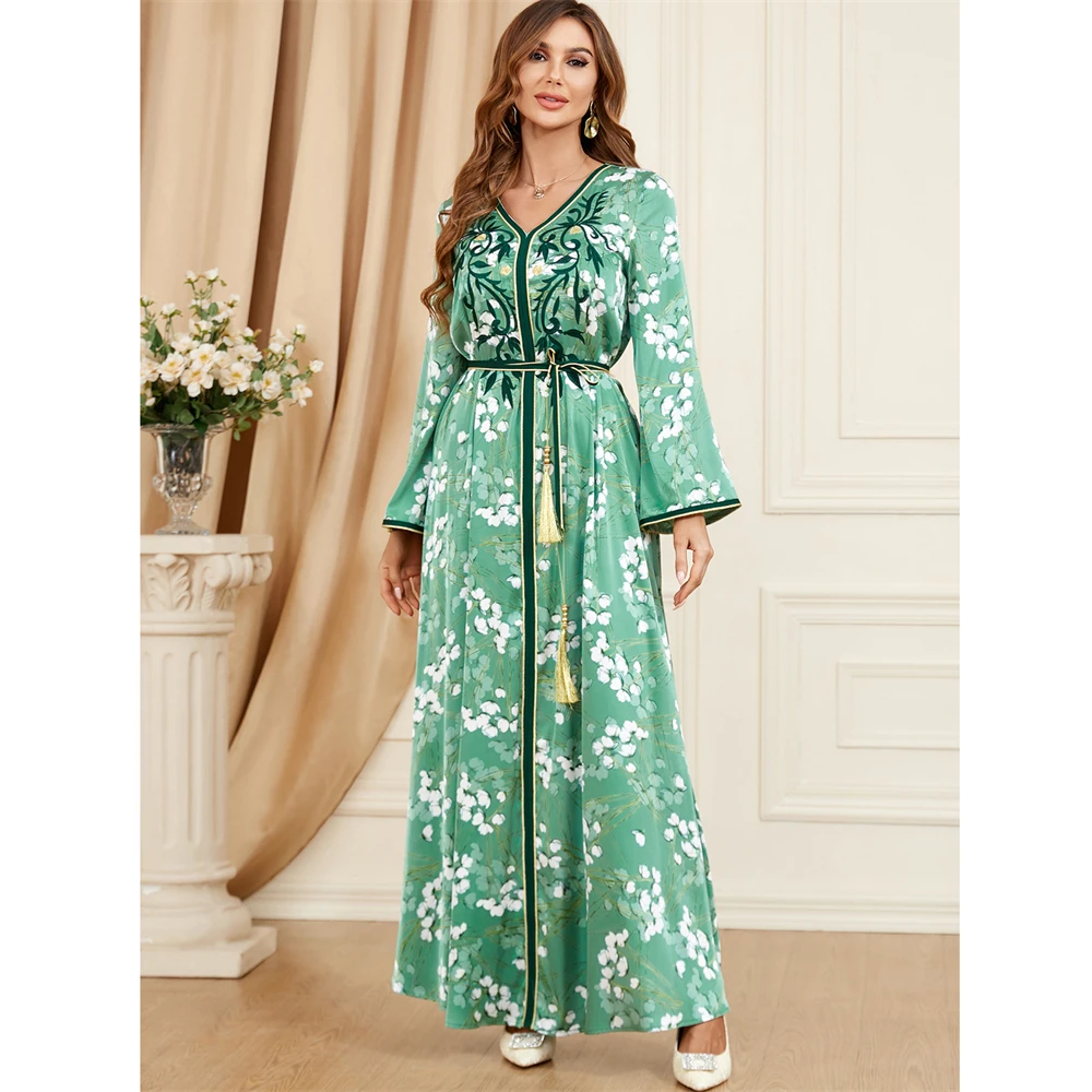 Vestido islámico árabe con bordado Floral para mujer, traje musulmán con cinturón para fiesta de noche, Ramadán, Jalabiya, Abaya