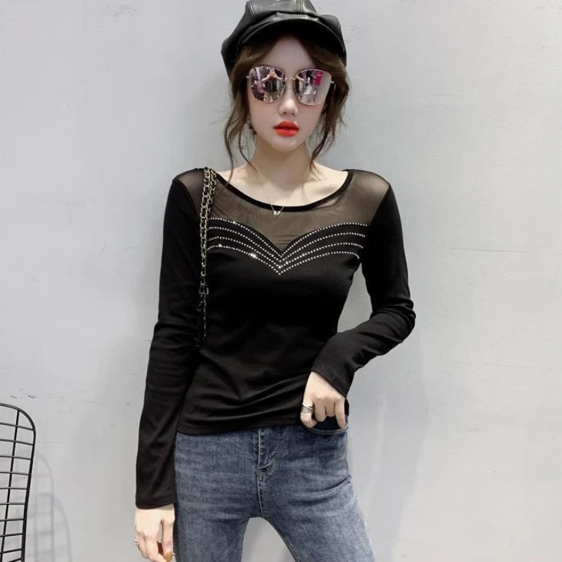 

Women Top T Shirt Korean Style Fashion Leopard Print Delicate Rhinestone Craftsmanship Mesh Patchwork Autumn Clothing New Style