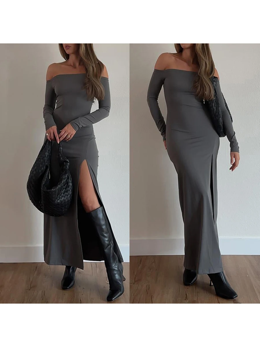 Robe longue dos nu à manches longues pour femmes, robe à fente haute, monochromatique, document, mince, mode, été, streetwear