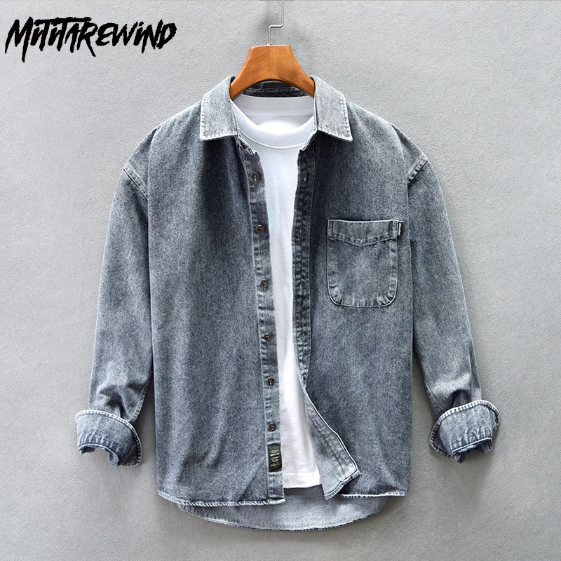 

Japanese Style Denim Shirt Men Spring Fall Causal Workwear Jean Shirts Loose Long Sleeve Shirt with Pocket Youth Vintage Clothes