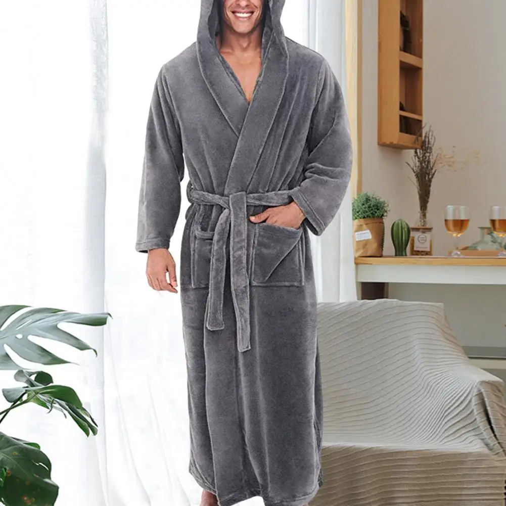 Fleece Nightgown Ankle Length Men Bathrobe Waist Lace-up Winter Warm Hooded Long Fleece Home Gown Sleepwear Anti-freeze