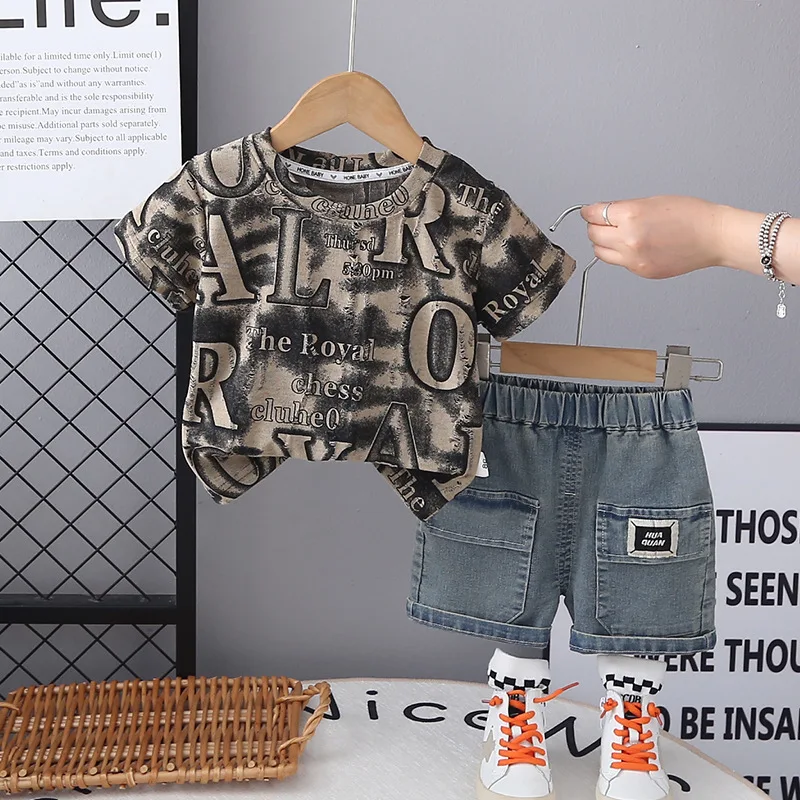 Boys Clothes Sets Summer 2026 Children Fashion T-shirts Denim Shorts 2pcs Sports Suit For Baby Boy Tracksuits Kids Outfits 4 5Y