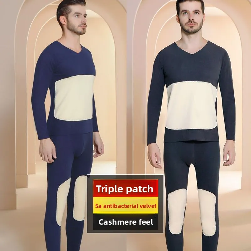 플리스 벨벳 가을 겨울 남성용 보온 내의 세트 롱존 벨벳 및 두꺼운 무릎 패드 자가 발열 따뜻한 잠옷