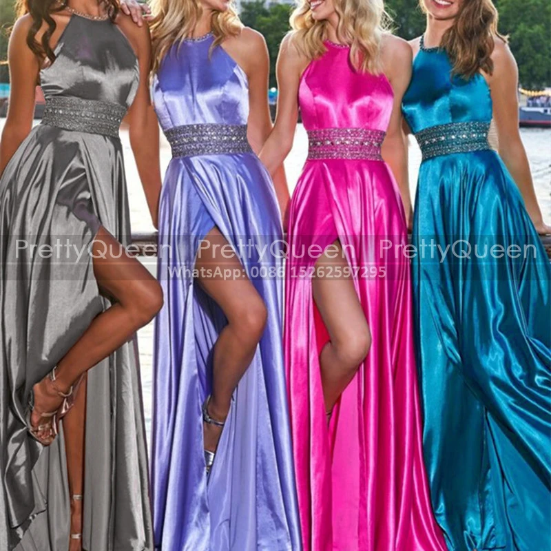 

Customized Heavily Beaded Bridesmaid Dresses A Line High Split Halter Sleeveless Long Wedding Party Dress Maid Of Honor