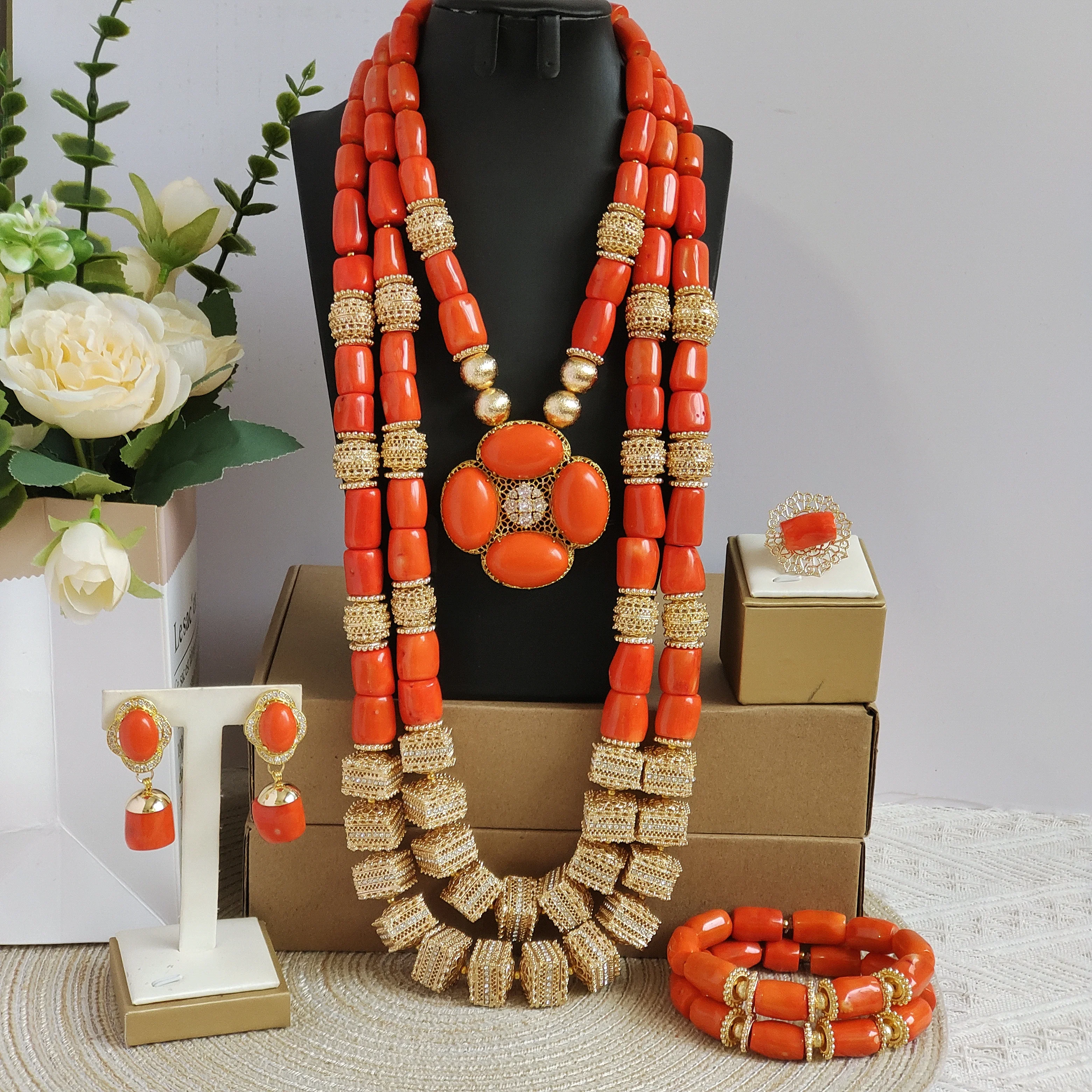 

Aczuv Real Original Coral Beads Nigerian Dubai Indian African Bridal Jewelry Sets
