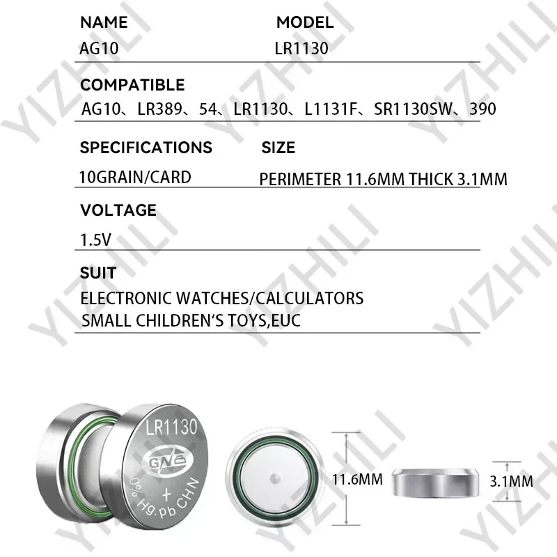 10-50pcs 1.55V AG10 LR1130 389A 198 LR54 Button Batteries 189 LR54 Cell Coin Alkaline Battery SR54 389 189 For Watch Computers