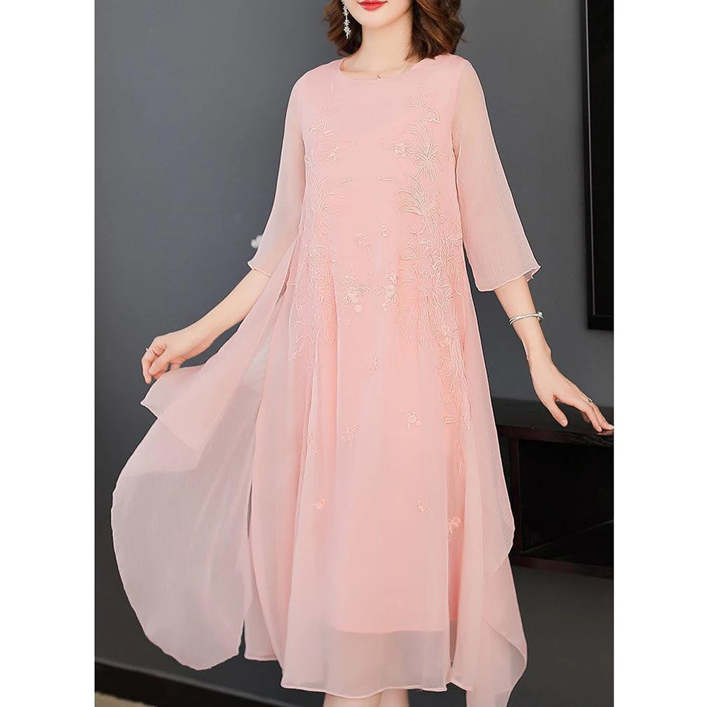 Chinese Style Cheongsam Dress Women Spring Summer Large Size Long Dresses Female Elegant Embroidered Dress Vestidos Pink White