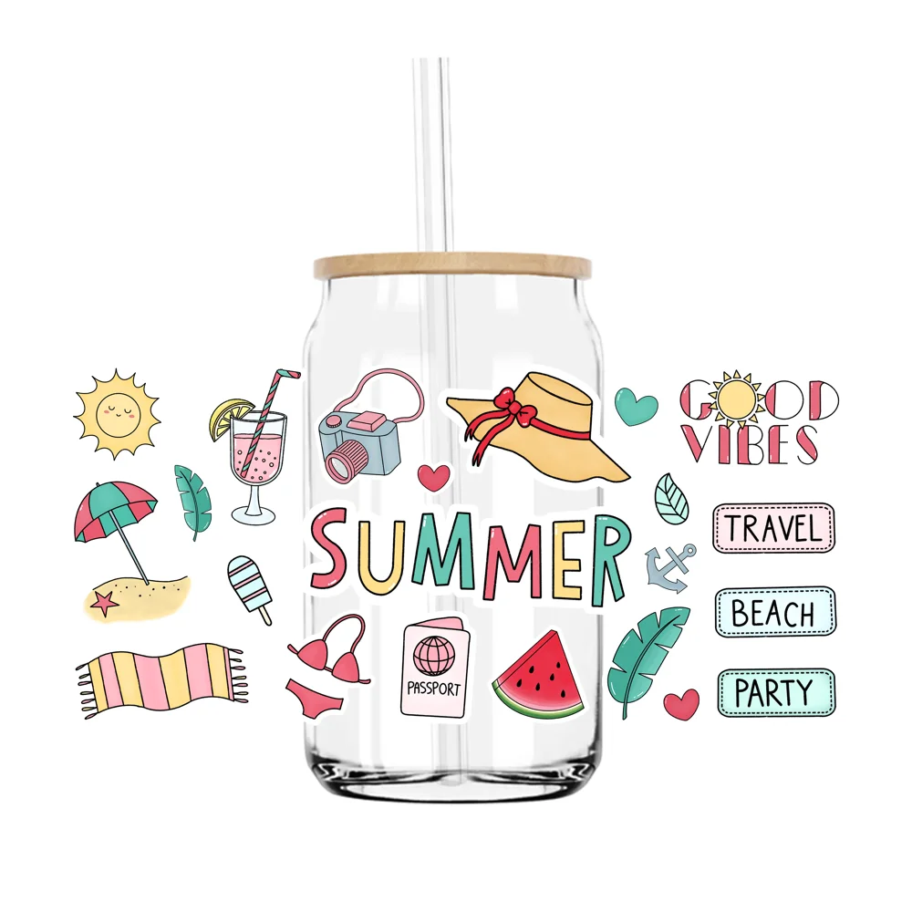 

16OZ UV DTF Cup Wrap Transfers Stickers Summer Vibes Designs For DIY Libby Glass Waterproof Custom Decals