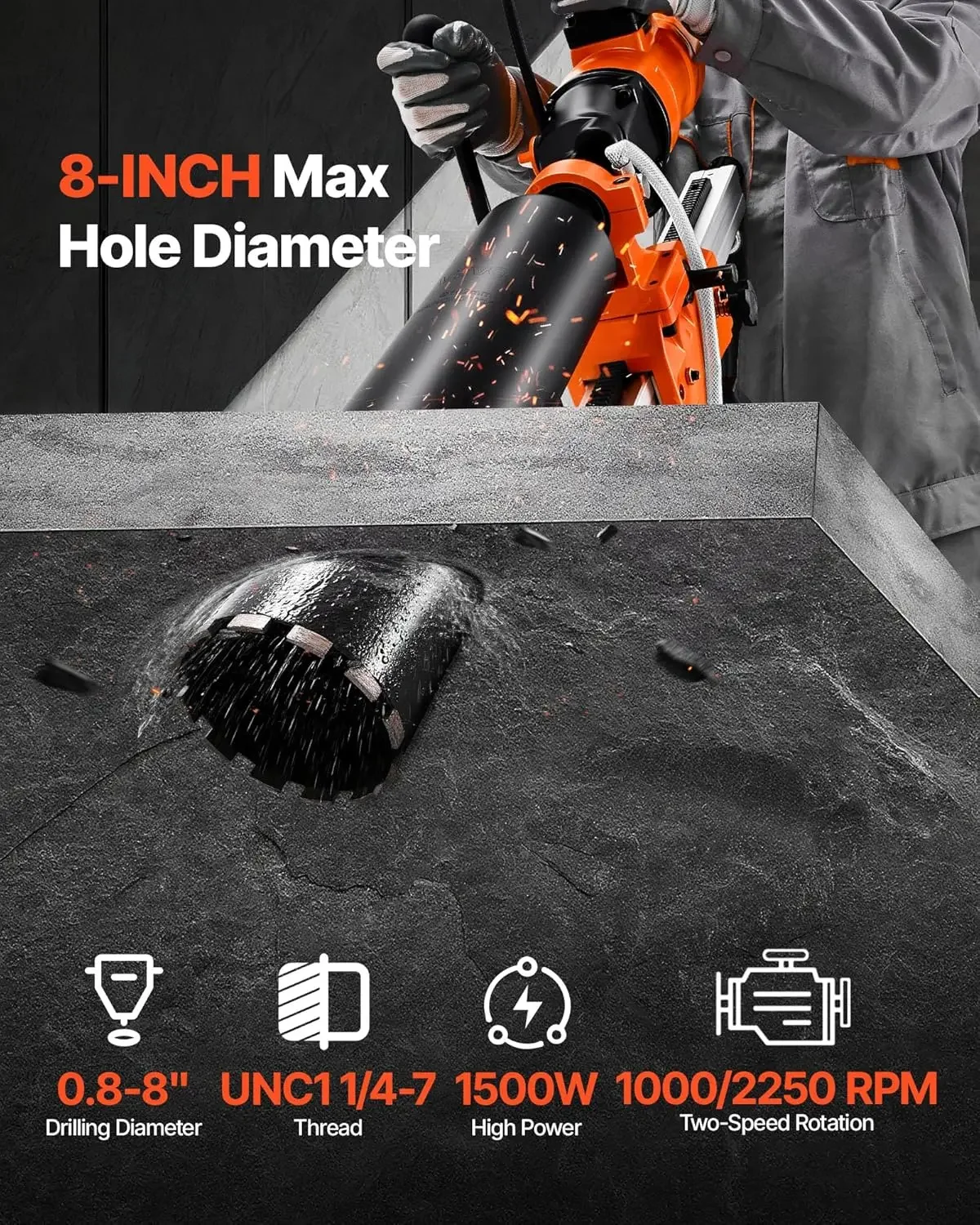 Diamond Core Drilling Machine 8 in Drilling Diameter 2 in 1 Handheld Stand Mount Dry and Wet Concrete Core Drill Rig with 4