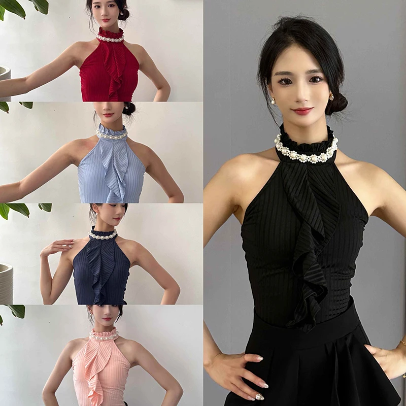 2024 Latin Dance Tops For Women Shoulderless Pleated Latin Dance Modern Dance Practice Clothes Chacha Rumba Latin Dress DN18821